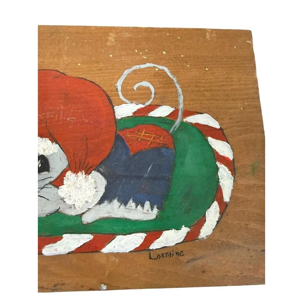 Hand Painted Christmas Mouse Wood Wall Hanging‎ Folk Art Merry Christmas Sign